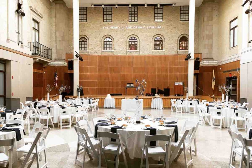 Leir Hall with tables set for wedding reception